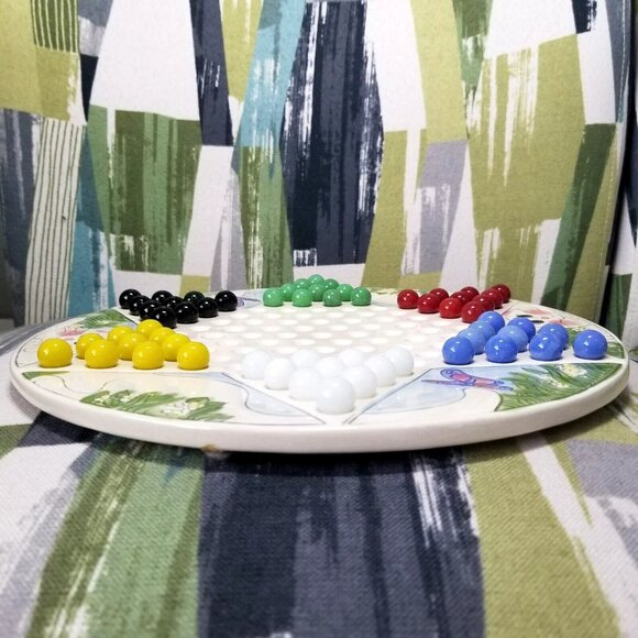 Rare Ceramic Chinese Checkers Cat And Butterfly Board And Marbles Complete Set - Picture 7 of 13